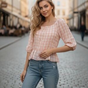 Petal & Pup Peach Plaid Blouse